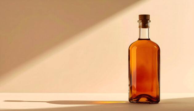 Unlabeled amber glass bottle with cork stopper on beige background