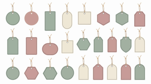 Collection of blank vintage-style tags in various shapes and muted pastel colors with rustic string ties on a white background, illustrating pricing information and symbolizing branding for products