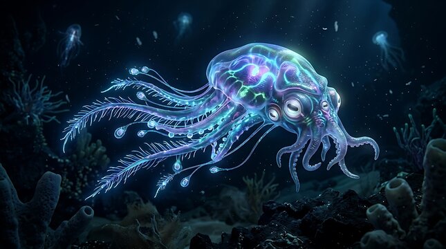 Blue glowing deep sea dragonfish underwater scene.