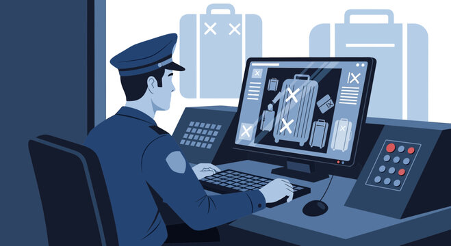 Airport security officer checks luggage on screen at checkpoint