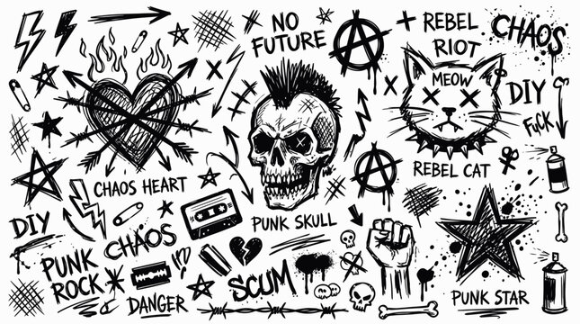 Hand-drawn punk rock and grunge doodle collection featuring skull, rebel cat, anarchy symbols and abstract elements, illustrating themes of rebellion, chaos and counter-culture for graphic design