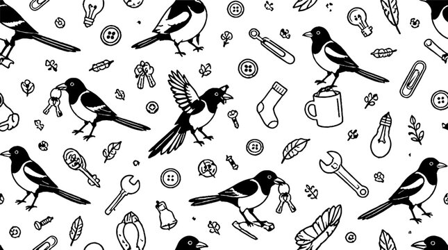 Black and white magpie and tool illustrations pattern.