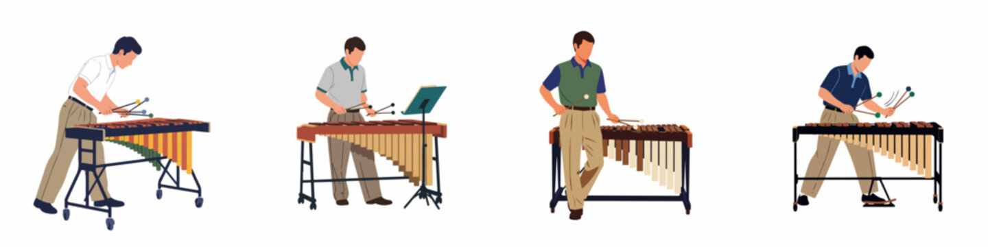 Flat illustration set of a male musician playing the marimba in various poses, isolated on a white background.