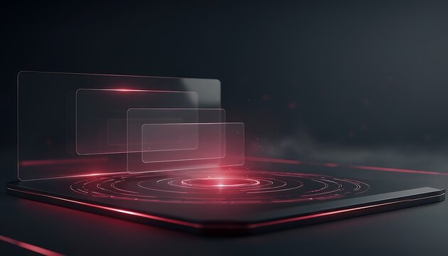 Futuristic digital tablet projecting glowing red holographic screens on a dark surface