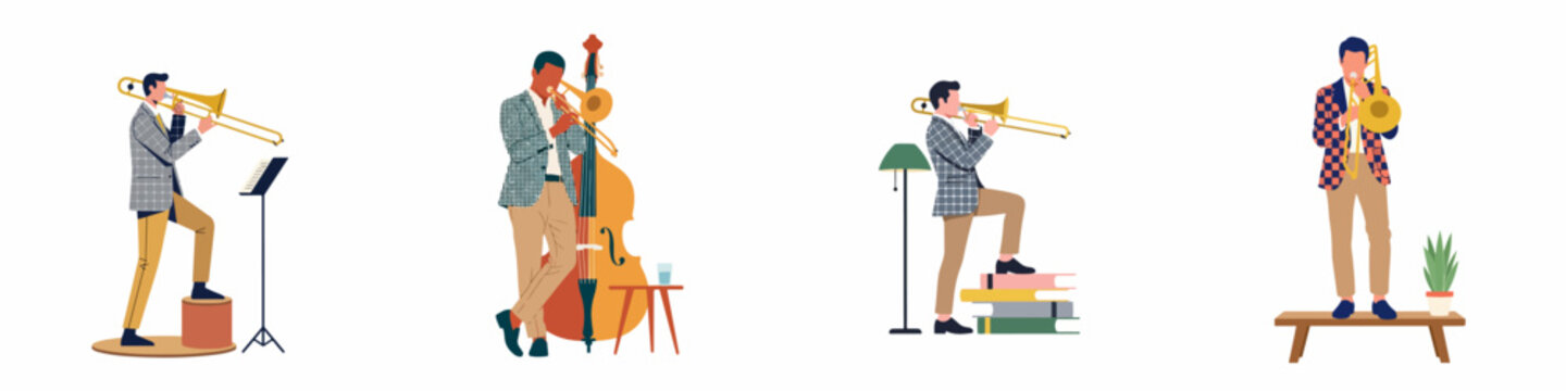 Flat illustration set of four stylish jazz musicians playing trombone and double bass in various poses.