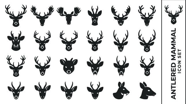 Collection of minimal deer buck moose and elk head silhouette icons for hunting wildlife and nature designs