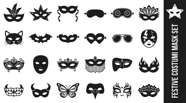 Comprehensive festive costume mask silhouette collection featuring masquerade, animal, and various carnival face cover styles