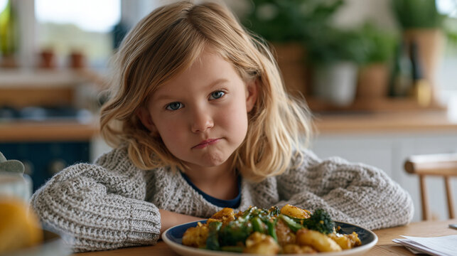 Child making a repulsed face at a plate of roasted vegetables while her mother presents a tiny portion with exaggerated enthusiasm, kitchen table strategy session, nutritionist advice papers nearby,