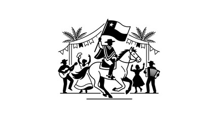 Obraz premium Chilean Huaso Riding Horse with Flag Celebration Silhouette