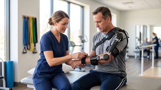 Professional female physiotherapist adjusting advanced medical robotic exoskeleton arm brace for mature man during rehabilitation therapy session in bright modern clinic