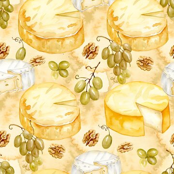 A repeating watercolor pattern featuring wheels of brie cheese green grape clusters and walnuts on a tan background