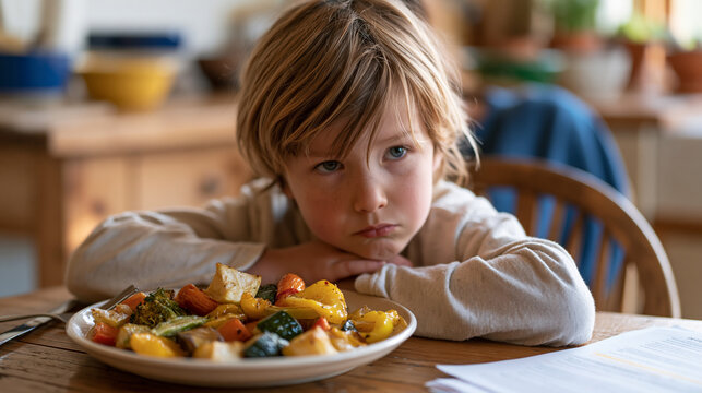 Child making a repulsed face at a plate of roasted vegetables while her mother presents a tiny portion with exaggerated enthusiasm, kitchen table strategy session, nutritionist advice papers nearby,