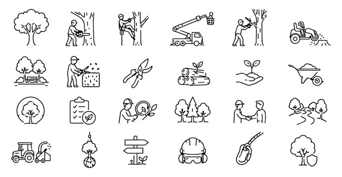 Tree Service and Arborist Line Art Icon Set with Tree Care, Pruning, Removal and Forestry Equipment