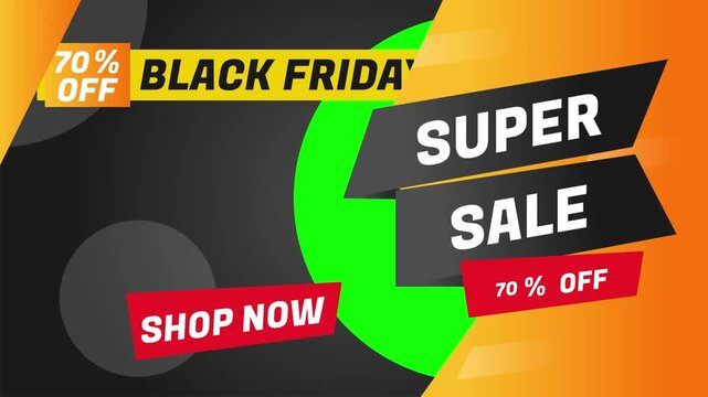 Black Friday banner features bold typography and geometric shapes to highlight a promotional super sale event.
