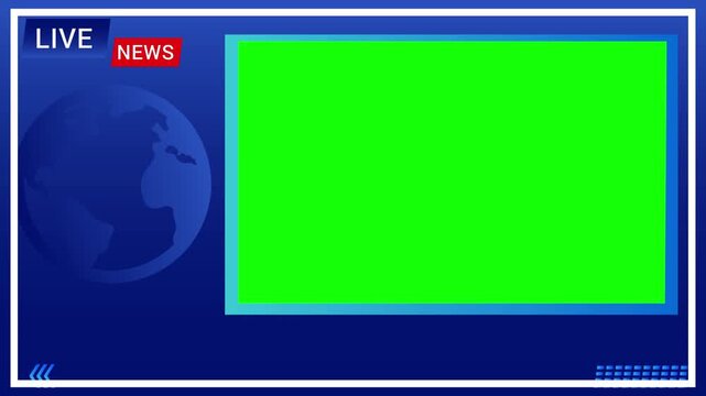 News broadcast template displays a live screen interface with a green chroma key box for custom video content.