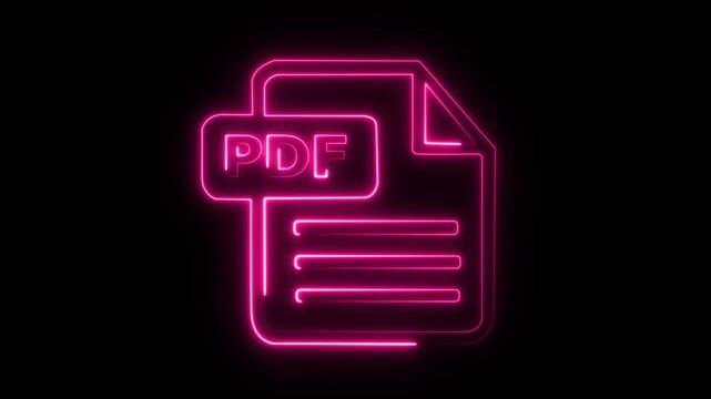 Neon pink pdf document glowing on black background, digital file format symbol for web software interface, and data management animation