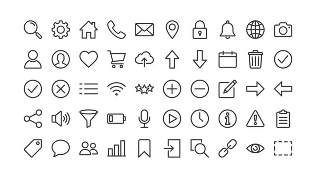 Universal line art interface icon collection for web design and mobile application development with essential symbols