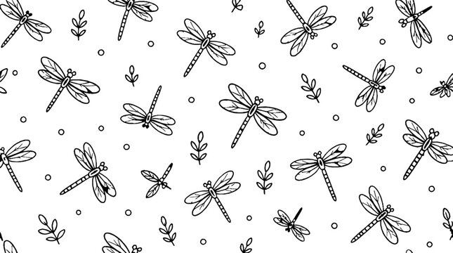 Delicate dragonfly and leaf pattern in black and white.
