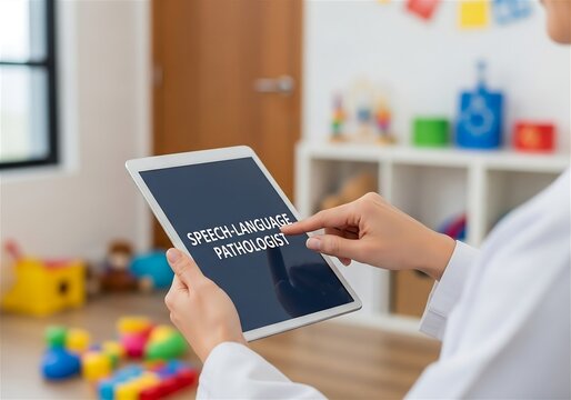 Speech-Language Pathologist Holding Tablet in Pediatric Therapy Room
