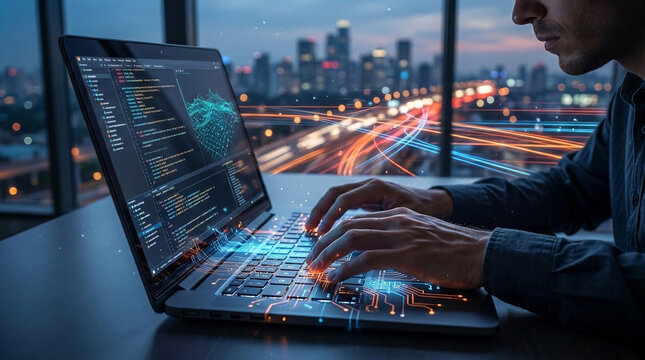 Man typing on laptop displaying code and network graph, symbolizing technology, data analysis, and urban development.
