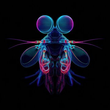 Display shows a peacock mantis shrimp face with large glowing eyes and neon colors on a black surface in an artistic style.