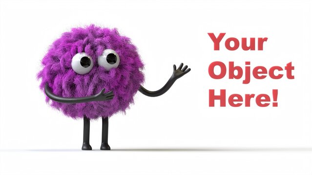 Fluffy, cute monster presents a space for "Your Object Here!" 3D rendering, promotional image. Isolated on white background.