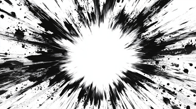 白い光が中心から爆発するモノクロ抽象背景、衝撃と迫力を表すスプラッシュエフェクト素材