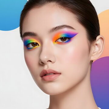 Beauty portrait of woman featuring rainbow eye makeup and eyeliner, eyeshadow
