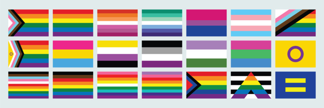 LGBTQIA+ Pride flags vector set. Pride identity flags Vector collection with progress pride, lesbian, gay, bisexual, transgender and more. Vector illustration