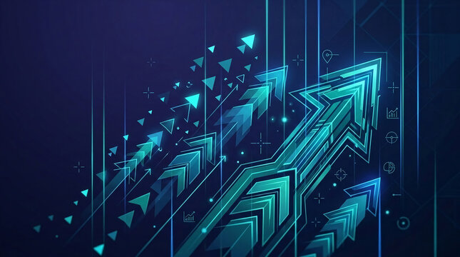 Glowing teal arrows ascend against a dark blue background, symbolizing growth, success, and digital advancement, perfect for business concepts.