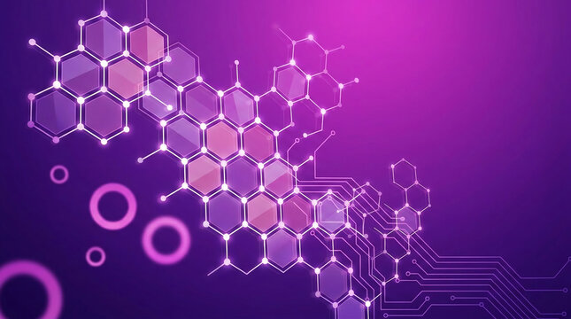 Abstract digital network of hexagonal shapes and glowing nodes on a purple gradient, symbolizing technology, data, and connectivity