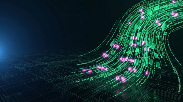 Green digital stream of binary code and abstract shapes with pink light particles, symbolizing data flow and technology, ideal for digital concepts.