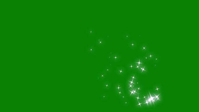 Shining glitter star sparkle animation, glowing fairy dust trails, doodle cartoon stars, flashing particle burst effect, green screen chroma key background, seamless motion graphics overlay, 4k