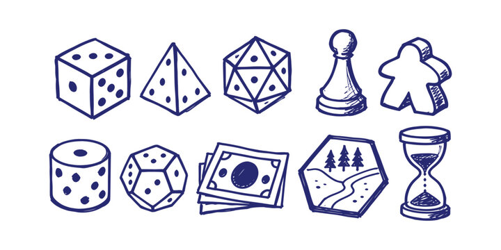 board game and dice element tabletop hobby doodle icon set vector illustration