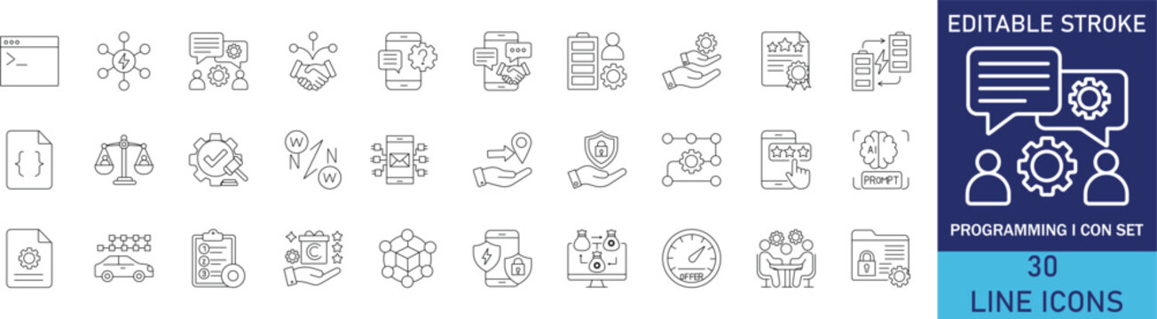 Software programming and web development line icon set. Vector symbols for coding syntax, algorithm script, database engineering, system terminal, and devops application testing.