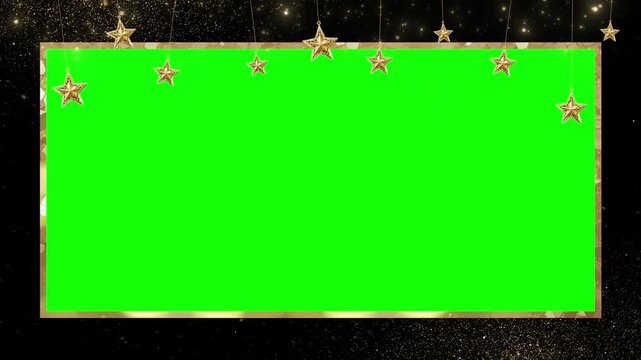 Golden stars hanging from a rectangular frame provide a luxurious border against a dark background.