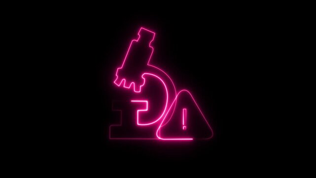 Neon microscope with warning sign glowing pink laboratory research symbol for scientific discovery and medical alert concepts on black background