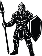 Fototapeta premium A bold vector rendering featuring an ancient spartan warrior standing firmly with his spear and heavy shield.