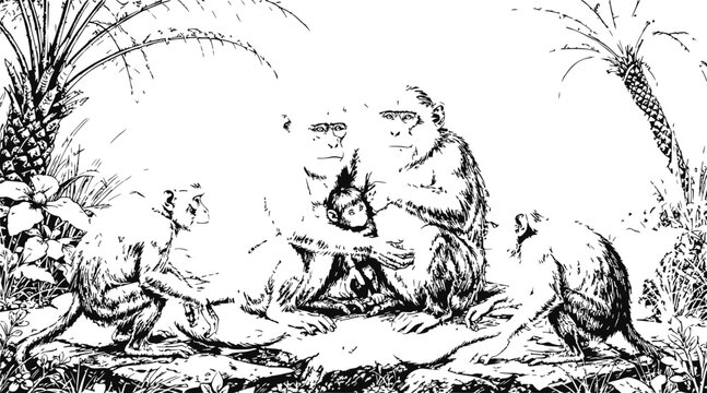 monkeys sitting on ground, tropical plants