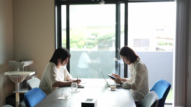 Two women sit at a table, working together. One uses a laptop, the other takes notes. Natural light streams through large windows. They appear focused, engaged in conversation