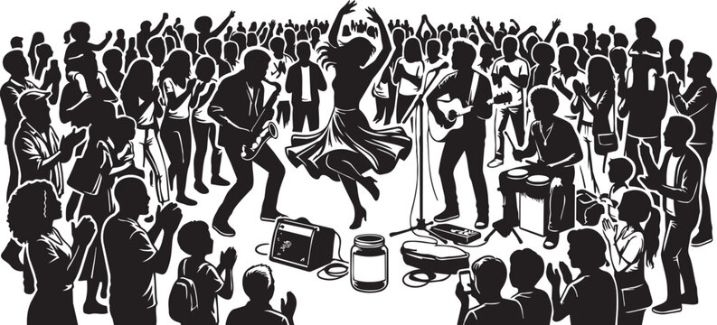 Silhouette crowd dancing during outdoor concert with live band performing on stage under bright overhead lighting