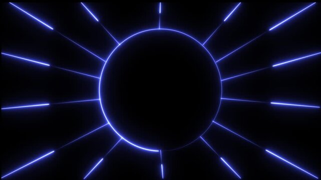 Abstract neon blue circle with radiant light rays, pulsing glowing geometric tunnel background, for futuristic technology, and digital motion