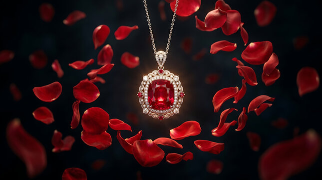 Ruby pendant surrounded by red rose petals on silver chain