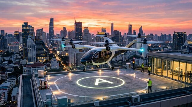 Futuristic eVTOL Aircraft Landing on City Rooftop Helipad at Sunset