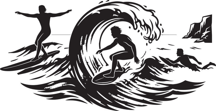 Silhouetted surfers riding a large breaking wave during a vibrant sunset with coastal cliffs in the background graphic