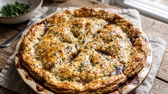 Buttery crust with herb flecks (rosemary, thyme, parsley) and cracked black pepper, tiny streaks of pan jus shining in the crevices
