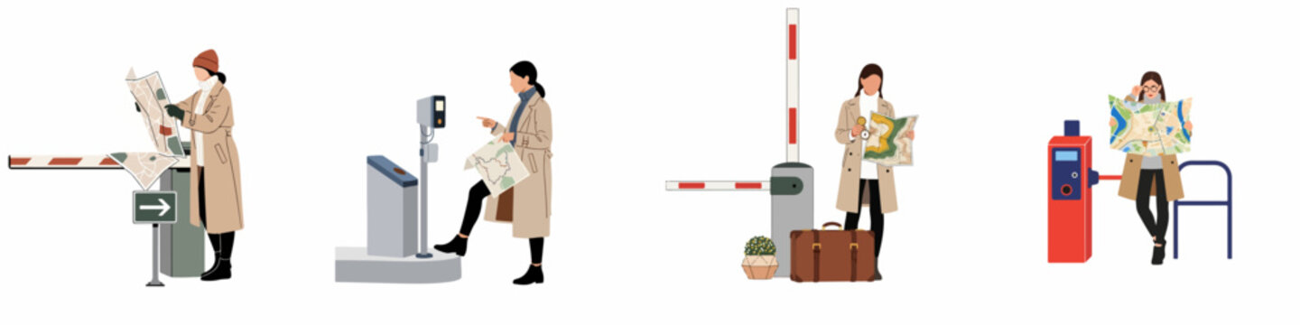 Collection of flat vector illustrations featuring a stylish woman traveler looking at maps and navigating through various access gates and barriers.