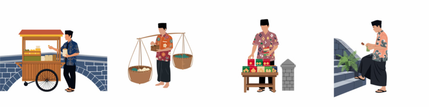 Set of Indonesian Street Food Vendors in Traditional Attire Carrying Baskets and Pushing Carts