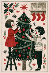 Fototapeta premium Vintage linocut style illustration of cute children decorating a Christmas tree with ornaments and star