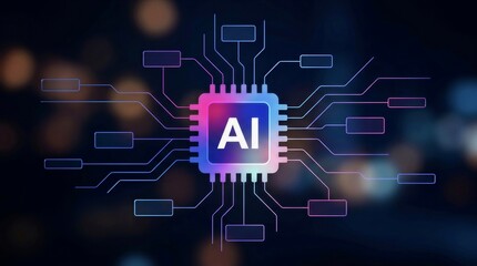 Fototapeta premium Artificial Intelligence Processor Chip Conceptual Illustration with Circuit Lines and Bokeh Background
